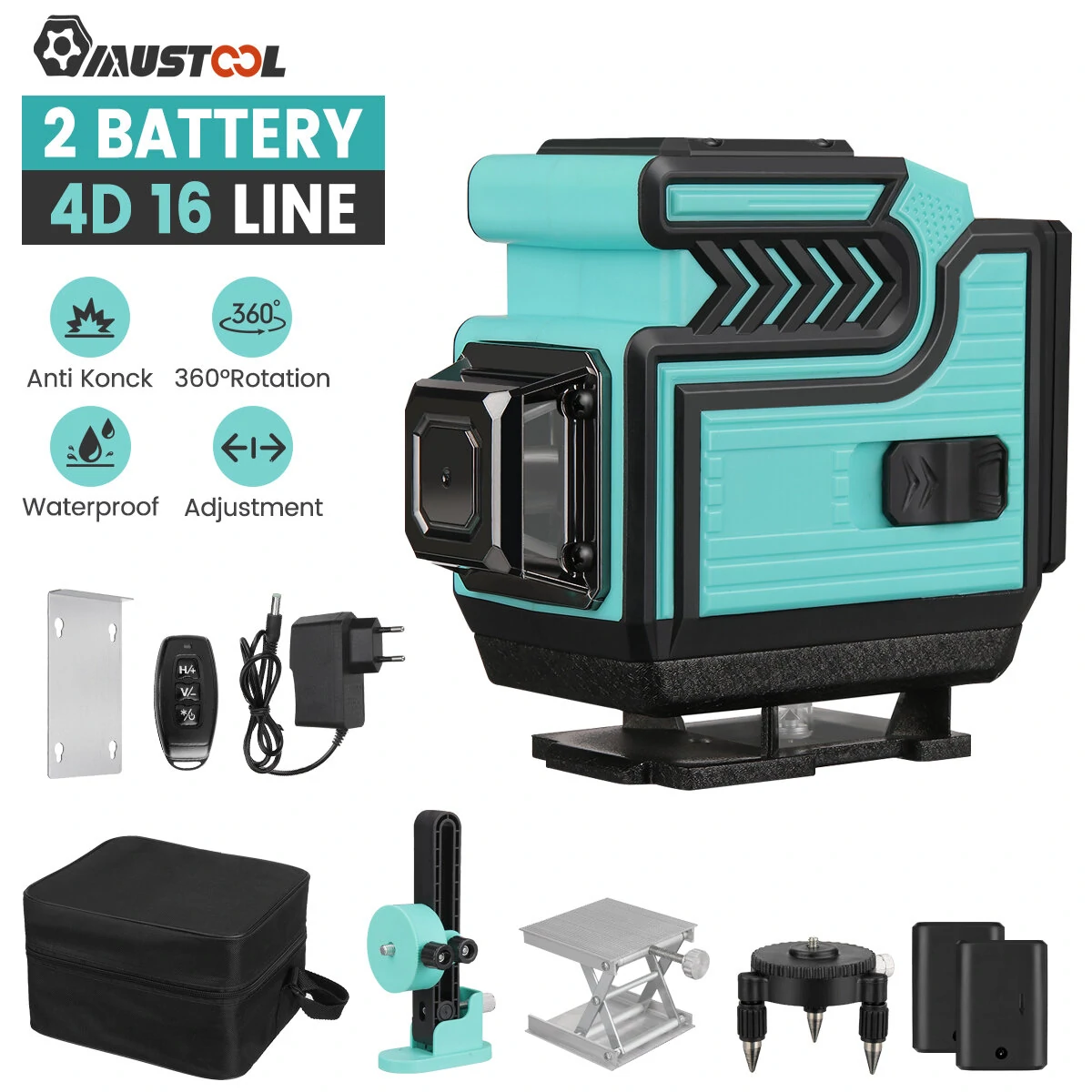 MUSTOOL 12 Line 360° Green Laser Level | Self-Leveling Horizontal & Vertical | 2 Batteries EU Plug - Image 2