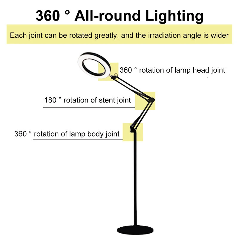 8X Magnifier LED Floor Lamp - Long Arm Folding Design with 6 Ring & USB - Image 4