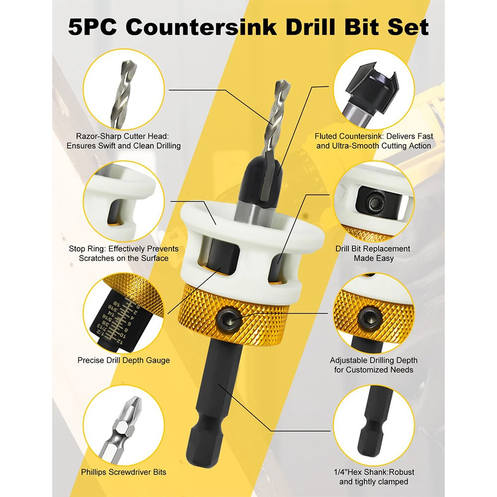 Carbide Tipped Countersink Drill Bits Set - 1/4 Hex Shank with Depth Stop - Image 2