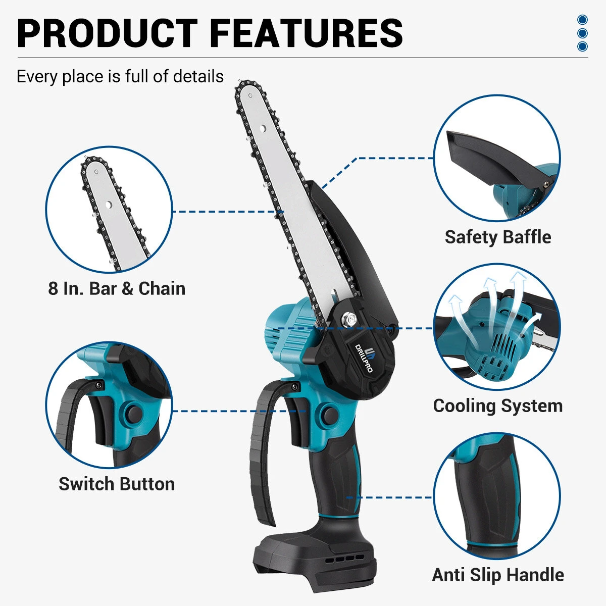 Drillpro 8 Inch Cordless Chainsaw - 3000W Brushless Motor - 18V 7500mAh Battery - Image 2