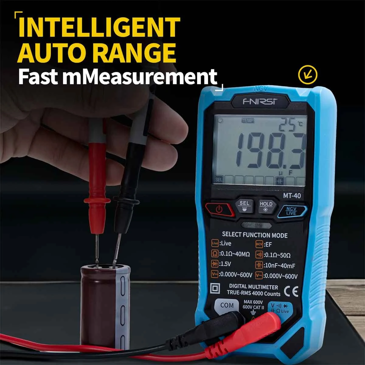 FNIRSI MT-40 Smart Digital Multimeter - True RMS Auto Range 600V | Backlit LCD - Image 3