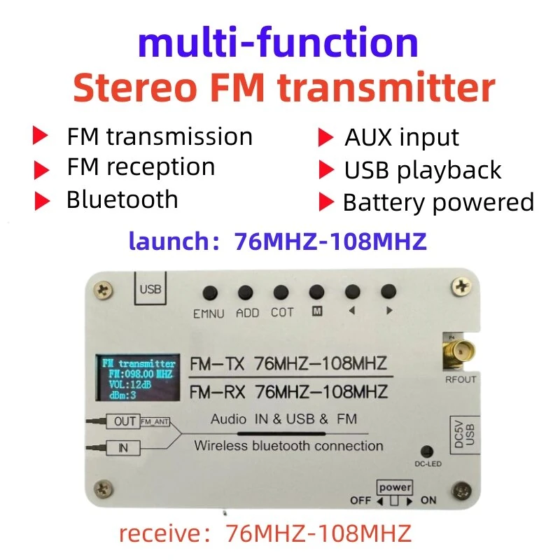 Multifunction Stereo FM Transmitter | Bluetooth Audio Receiver | 76-108MHz Long Range - Image 3