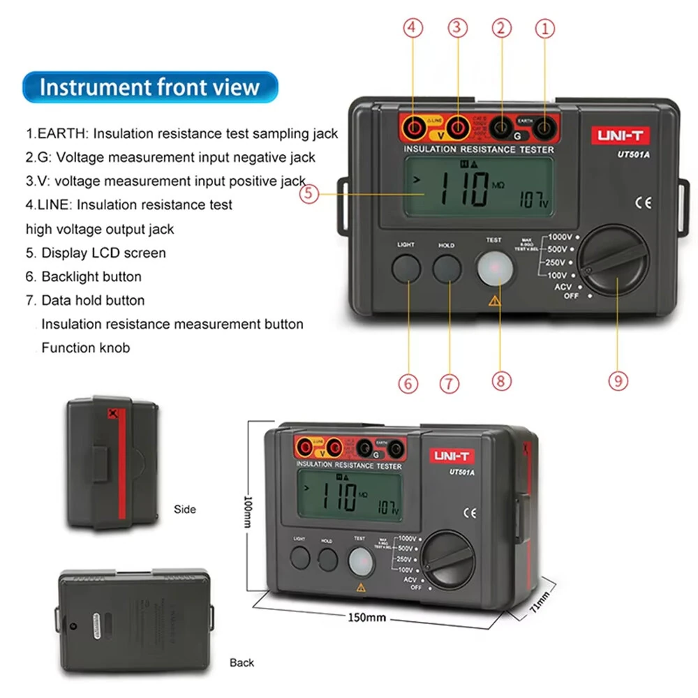 UNI-T UT501A Insulation Resistance Tester - 1000V 5.5GΩ | AC Voltage Measurement - Image 3