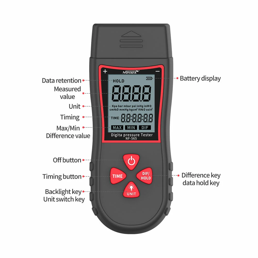 Noyafa NF-565 Digital Manometer | HVAC Air Differential Pressure Gauge | 11 Units & Backlight - Image 4