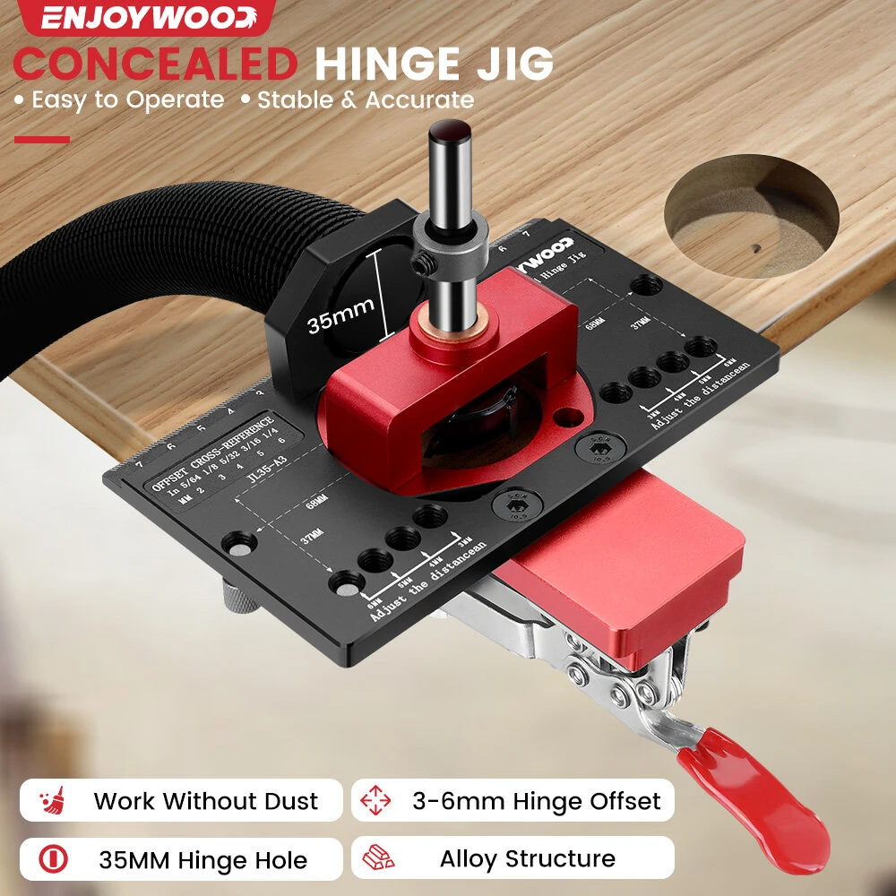 ENJOYWOOD Concealed Hinge Jig with Quick Clip & Dust Adapter | 35mm Cabinet Hinge Mounting Tool - Image 2