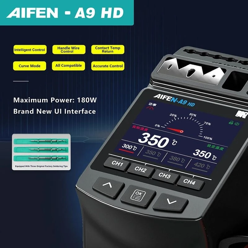 AIFEN A9HD Soldering Iron Station - 180W Intelligent Control | 2.8 Inch LCD Screen | 200°C-450°C Adjustable Temperature - Image 3