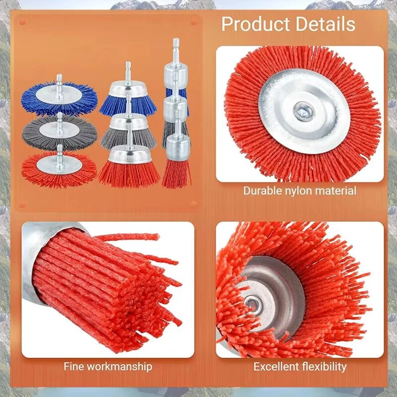 9 PCS Nylon Abrasive Brush Wheel Set - 1/4 Inch Hex Drill Shank for Rust & Paint Removal | Metal Wood Plastic Cleaner - Image 4