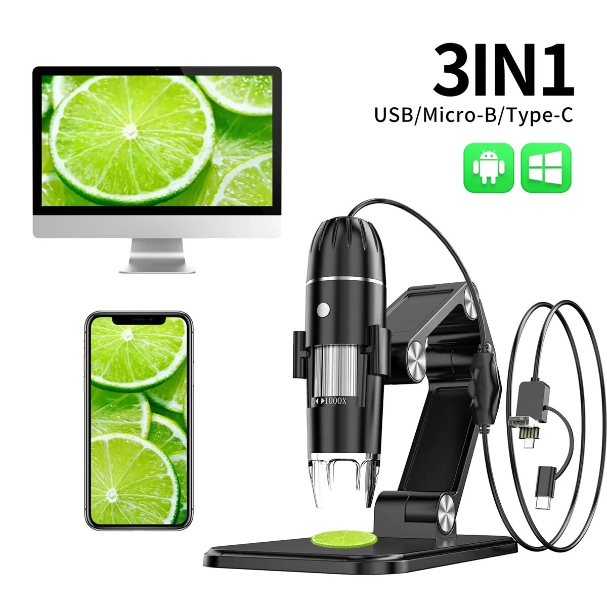 50X-1600X Portable Digital Microscope - 3-in-1 USB & Android - 8 LED HD - Image 2