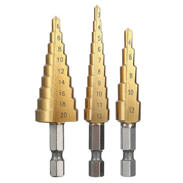 HSS Titanium Step Drill Bit Set - 3pcs 3-12/4-42/4-20mm | Cone Hole Cutter - Image 4