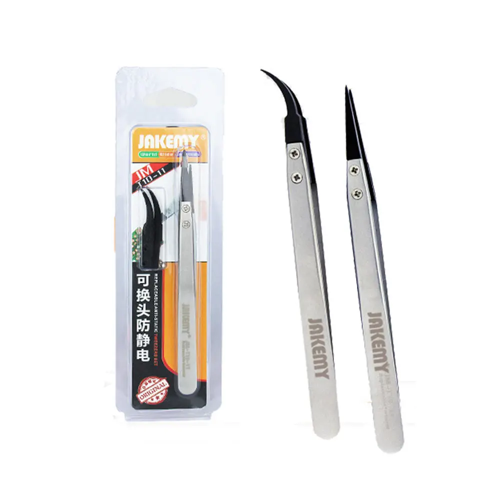 JAKEMY JM-T10-11 Anti-static Tweezers Kit | Stainless Steel, Pointed & Curved Tips - Image 2