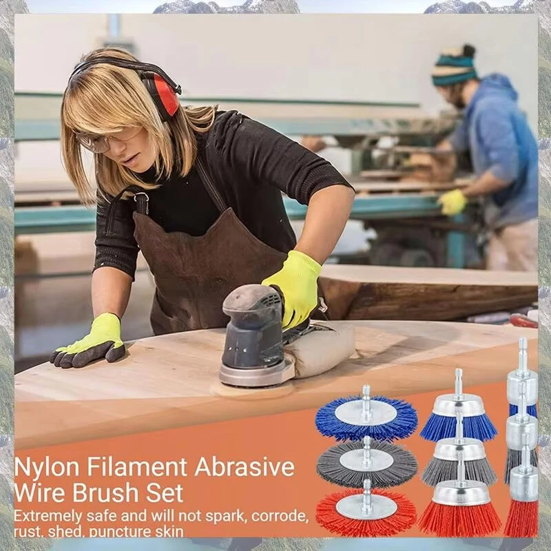 9 PCS Nylon Abrasive Brush Wheel Set - 1/4 Inch Hex Drill Shank for Rust & Paint Removal | Metal Wood Plastic Cleaner - Image 2