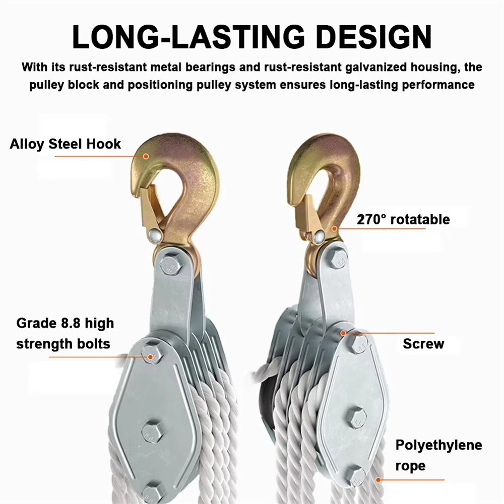 270 Degree Rotatable Rope Pulley Block | Zinc Alloy Hook & Heavy Duty Polyethylene Rope | Manual Lifting Hoist - Image 4