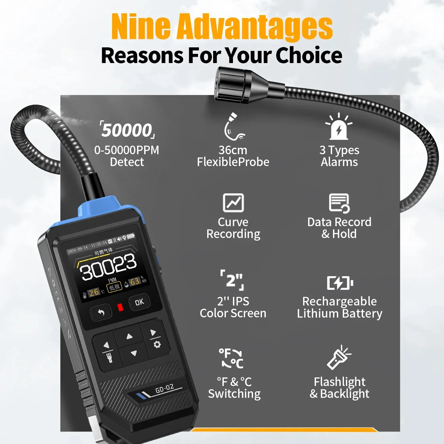FNIRSI GD-02 Portable Gas Detector | Methane Propane Isobutane | 36cm Flexible Probe - Image 2