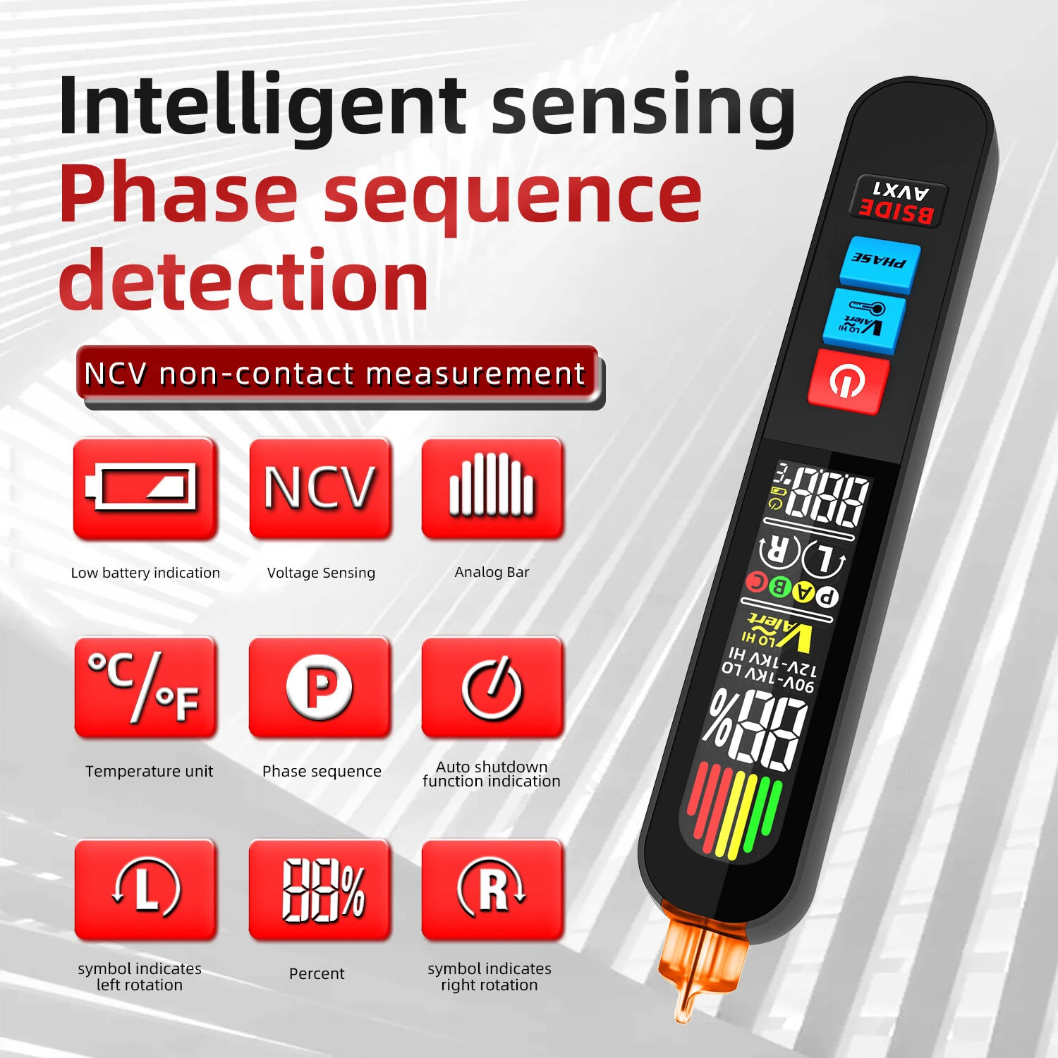 BSIDE AVX1 Non-Contact Phase Tester - Voltage & Temperature Detection - LCD Display - Rechargeable - Image 3