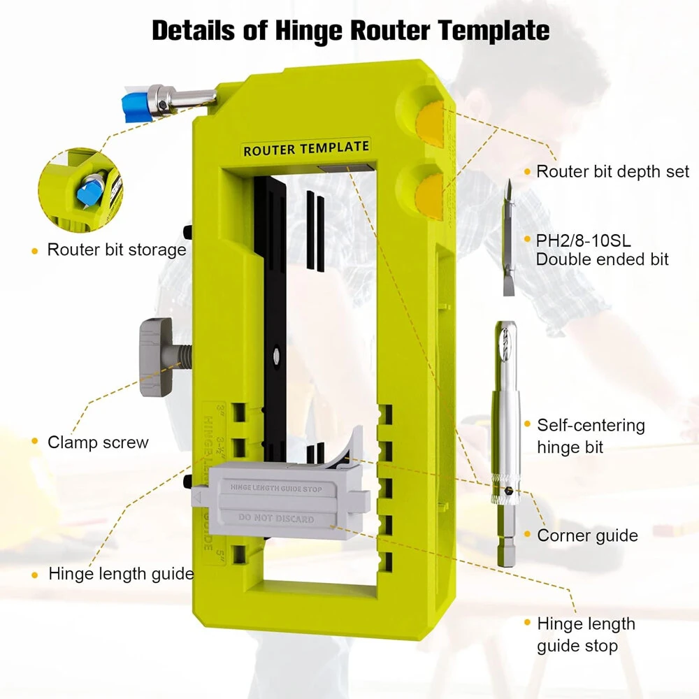 Door Hinge Mortiser Kit - Router Template for 3-5in Hinges | Adjustable Depth - Image 2