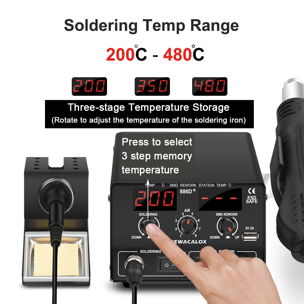 NEWACALOX 886D 2-in-1 Rework Station | 750W Soldering Iron & Hot Air Gun | 220V with PCB Preheater & USB Port - Image 2