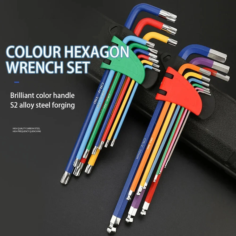 S2 Alloy Steel L-Shaped Wrench Set - 9pcs Ball Head & M-Type - Color Coded - Image 2