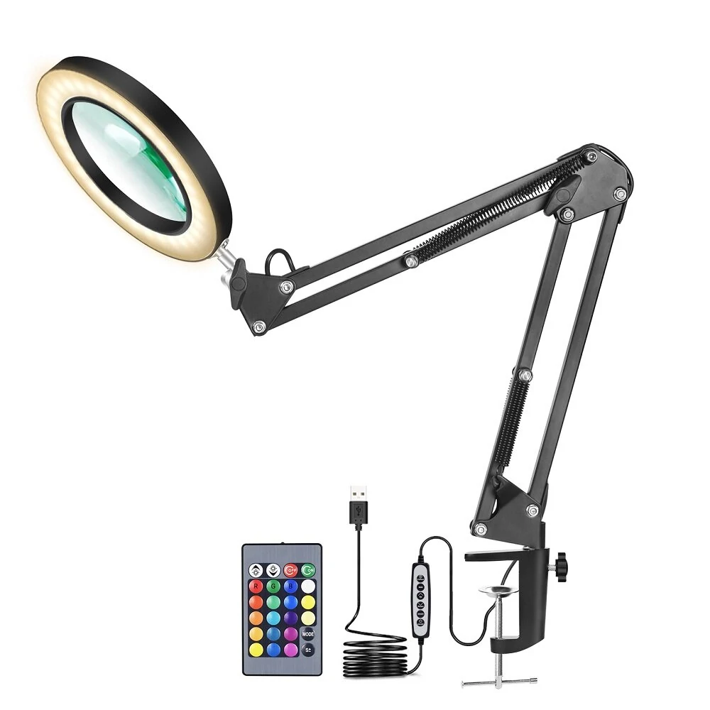 5X RGB LED Desktop Magnifier - USB Rechargeable, Adjustable Clip-on Light for Reading & Work - Image 2