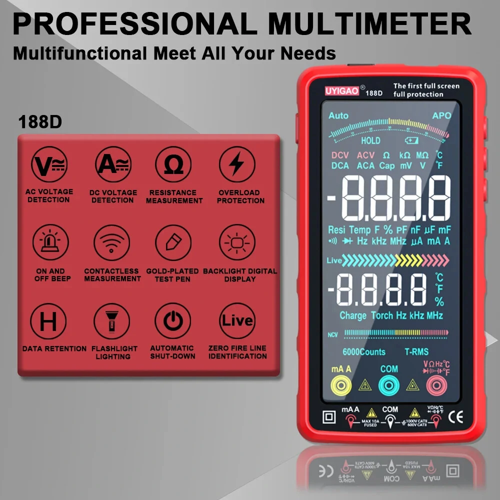 UYIGAO UA188B USB-C Rechargeable Smart Multimeter | 6000 Counts True RMS Touchscreen - Image 2