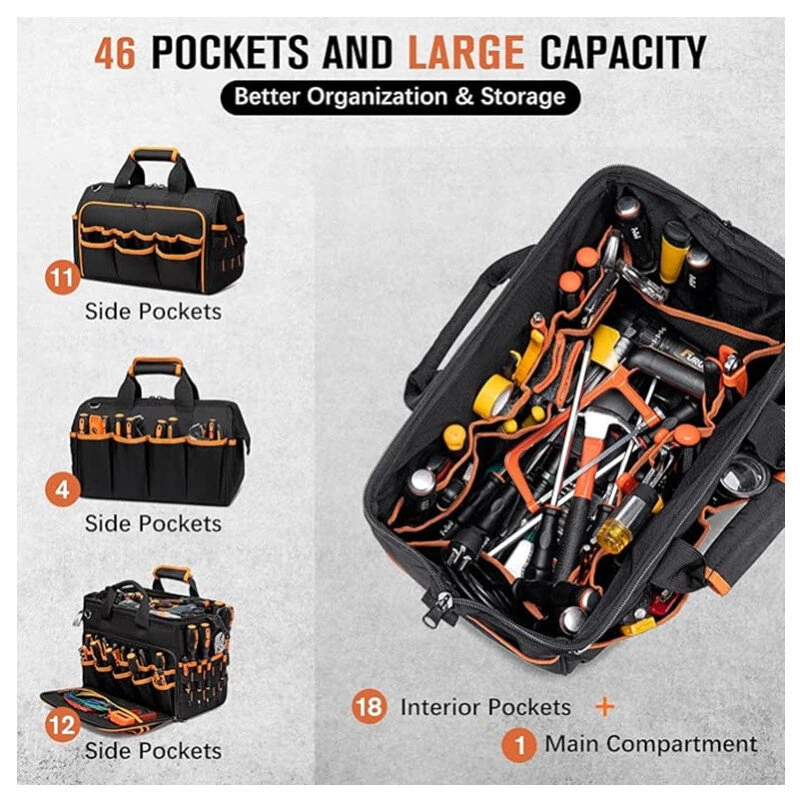 DEWALT 17 Inch Heavy Duty Tool Bag - 35L Large Capacity - 900D Oxford Cloth with Adjustable Strap - Image 3
