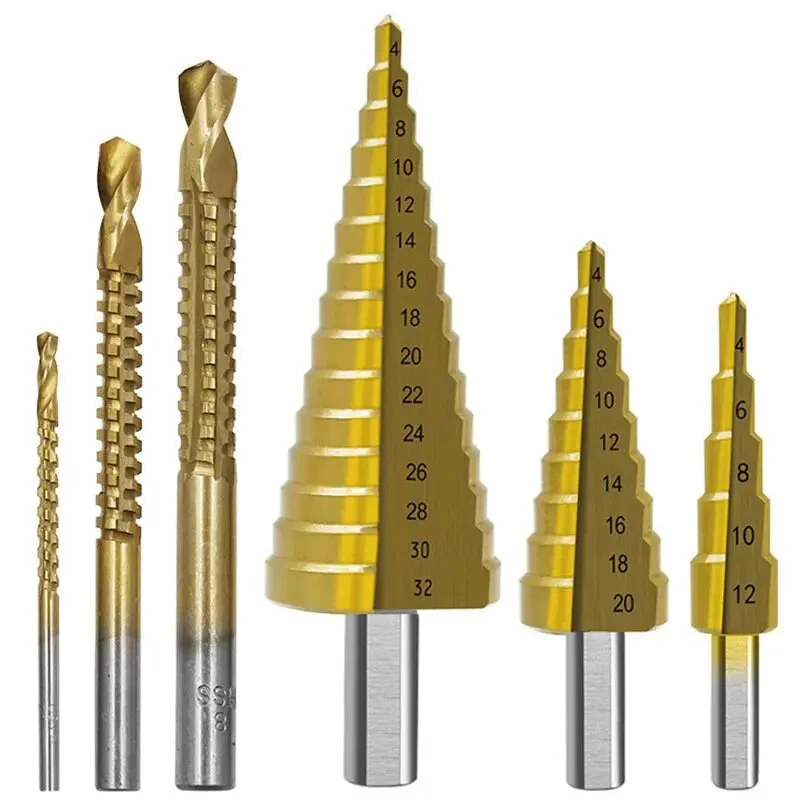6PCS Titanium Coated Step Drill Bits Set - High-Speed Steel 4-32mm for Metal Wood Plastic - Image 2