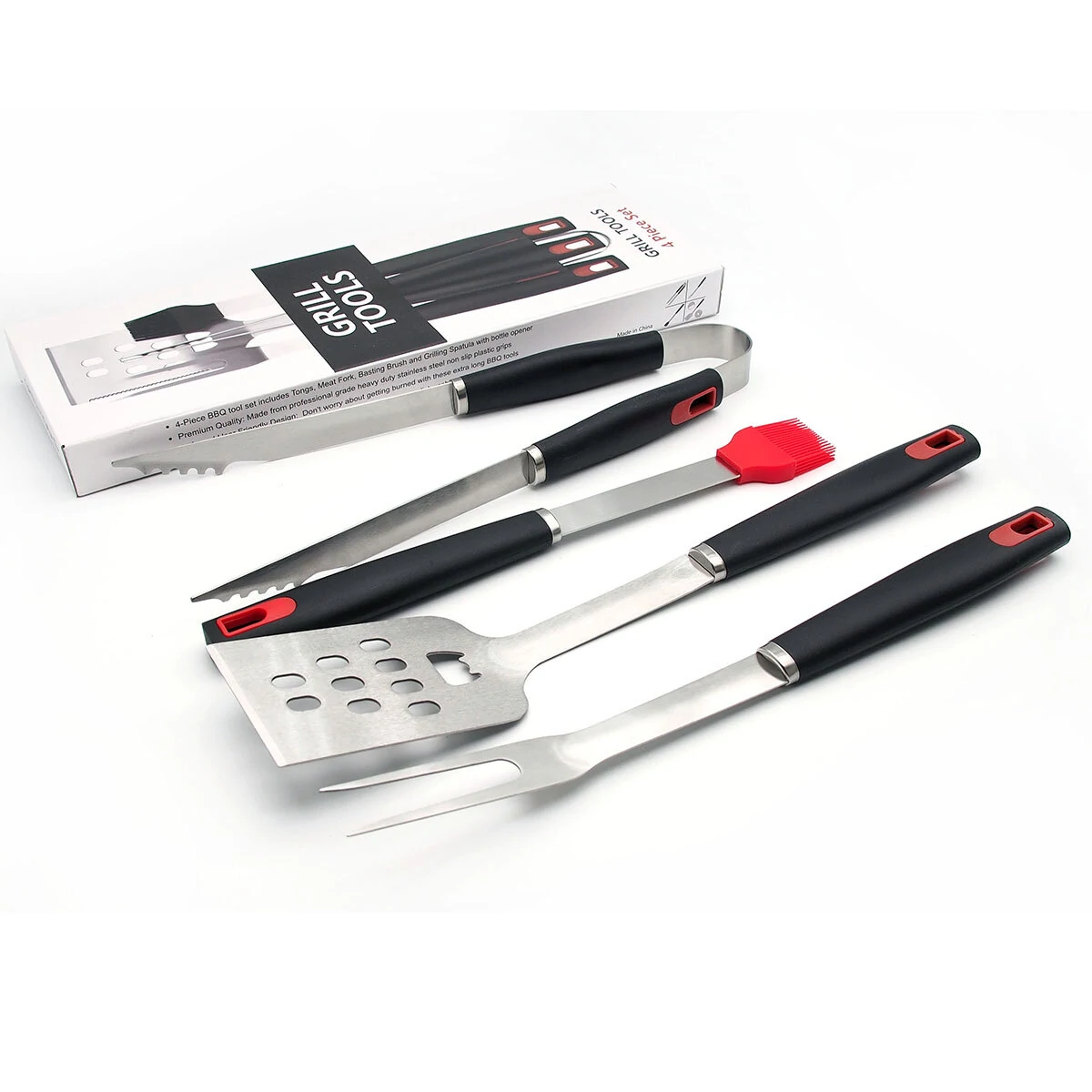 4PCS BBQ Grill Tools Kit - Stainless Steel Utensils with Brush & Tong - Image 4