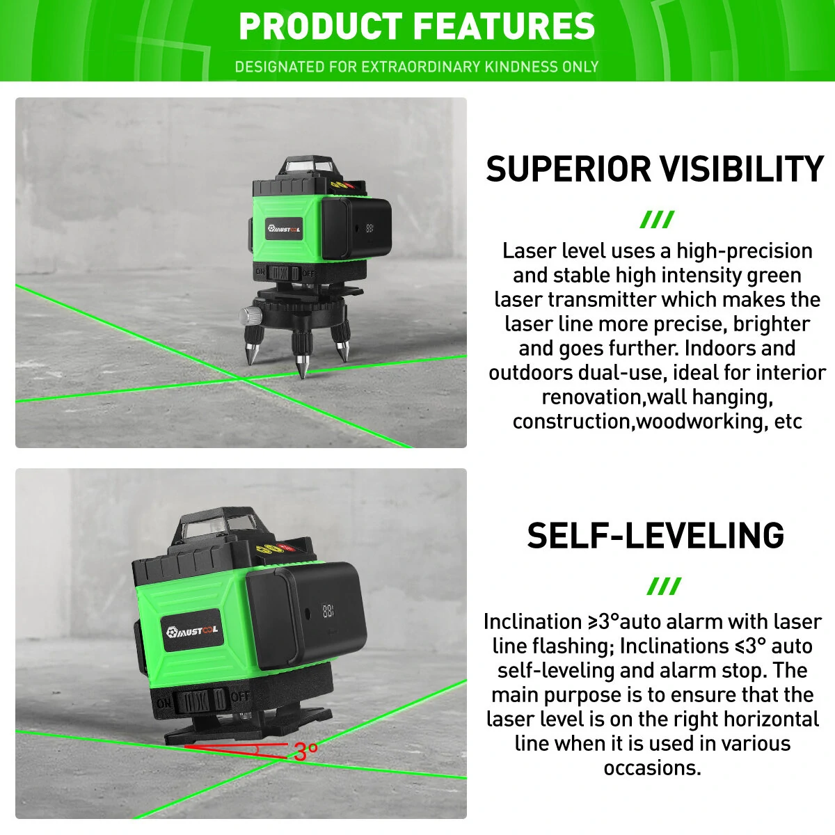 MUSTOOL 4D 16 Line Green Laser Level | Self-Leveling IP54 | 4000mAh Battery - Image 4