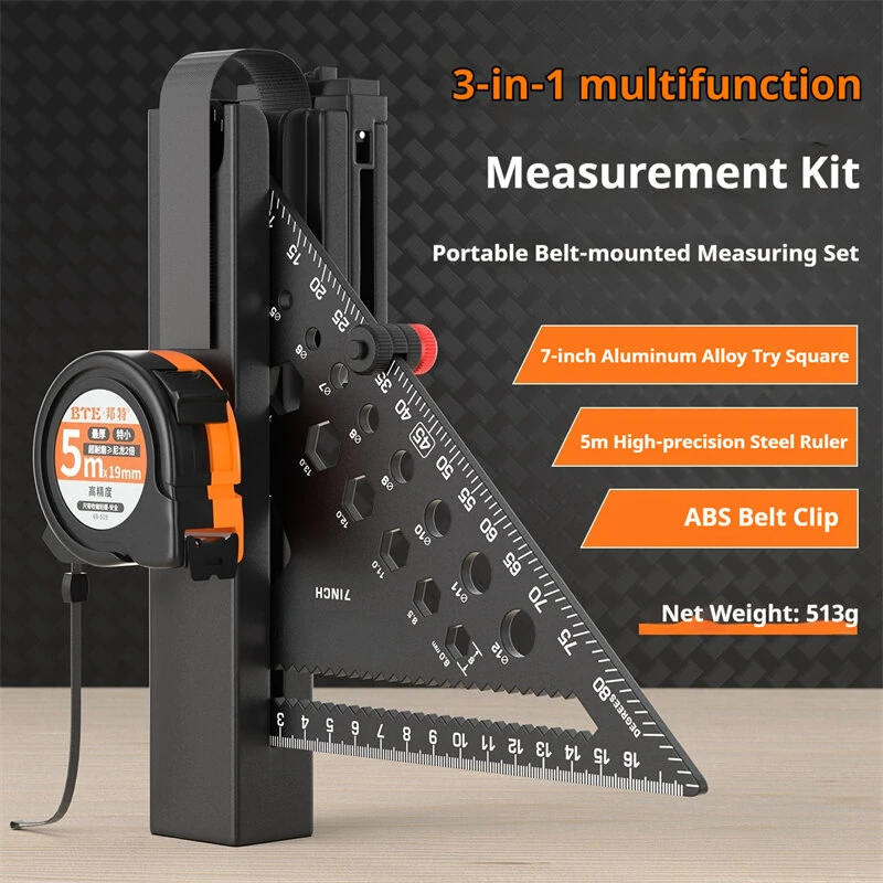 Portable 7 Inch Aluminum Triangle Ruler - 5m Steel Tape Measure & ABS Belt Clip - Image 2