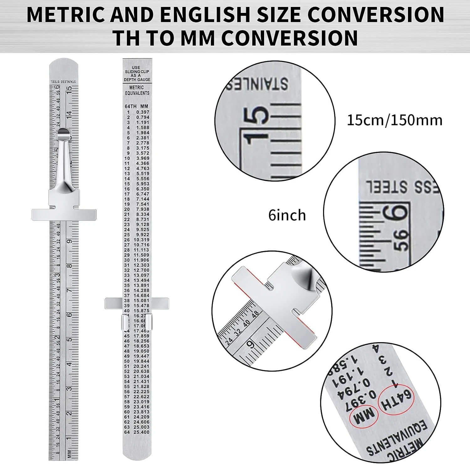 Flexible 6 Inch Stainless Steel Pocket Ruler | Metric & Imperial Scale with Detachable Clip - Image 2
