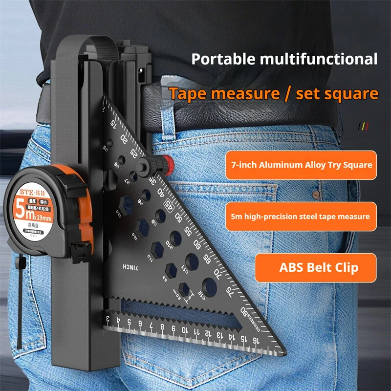 Portable 7 Inch Aluminum Triangle Ruler - 5m Steel Tape Measure & ABS Belt Clip - Image 5