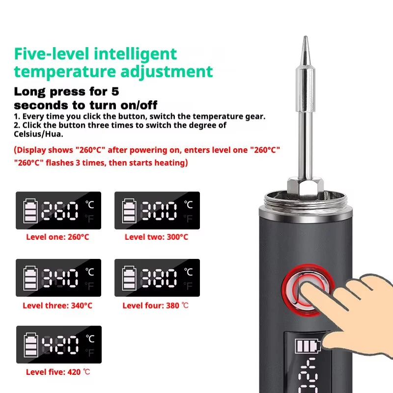USB Soldering Iron - Wireless Rechargeable Type-C - 5 Adjustable Temperatures - Fast Heating Portable Welding Tool - Image 5