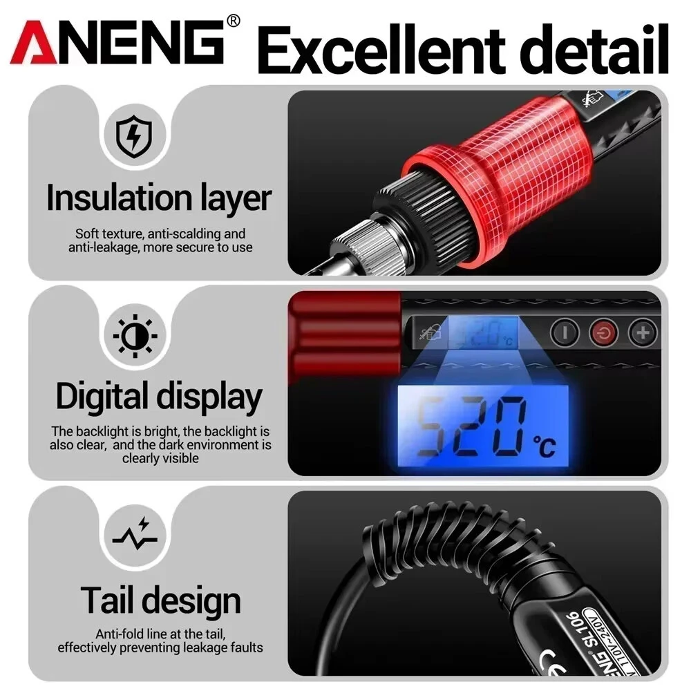 ANENG SL106 60W Digital Soldering Iron - Adjustable 180°-520°C | Ceramic Heater - Image 4