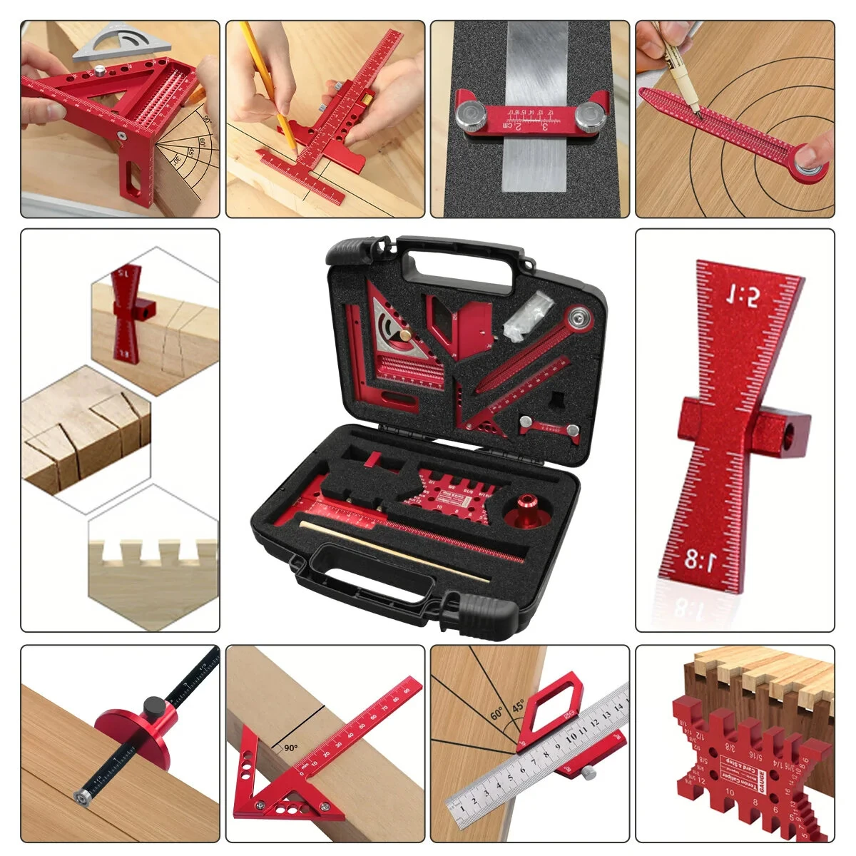 10pcs Aluminum Alloy Woodworking Square Kit - Multi-Angle Ruler & Compass Scriber - Image 4