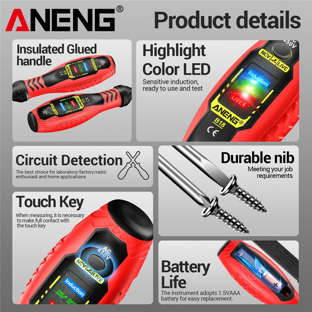 ANENG B18 Voltage Tester Pen - Non-Contact AC 450V | LED Indicator & Insulated Handle - Image 5