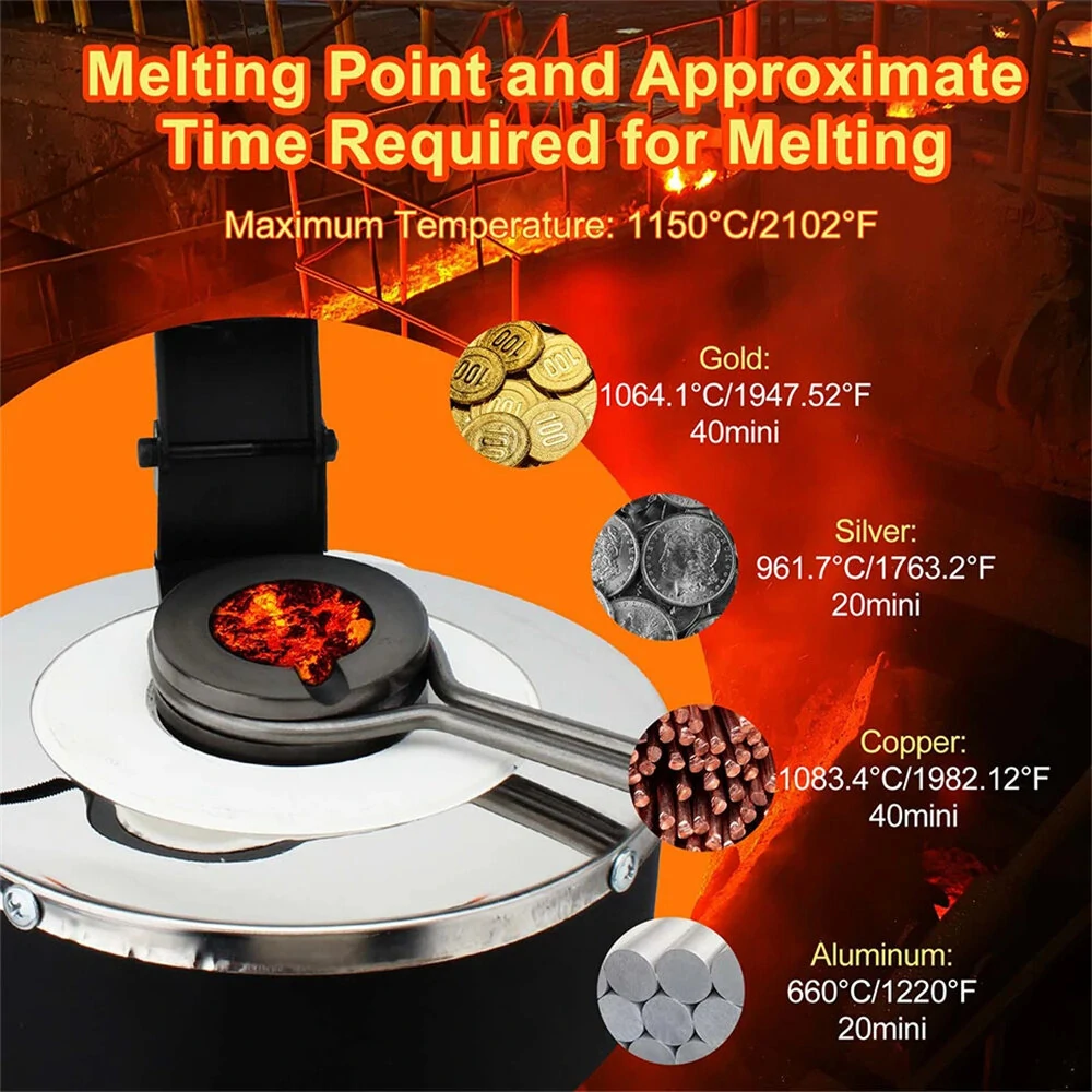 Digital Gold Melting Furnace 1400W - 3KG Capacity 1100°C - PID Control for Gold Silver Copper - Image 3