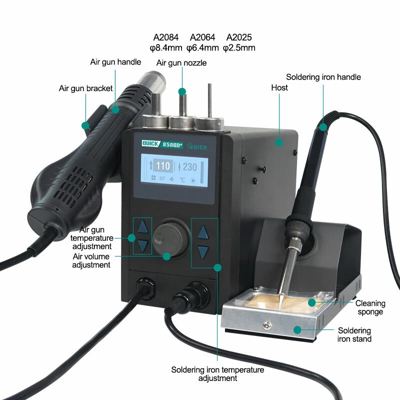 QUICK 8586D+ 2-in-1 Hot Air Gun & Soldering Station | LCD Digital Display - Image 3