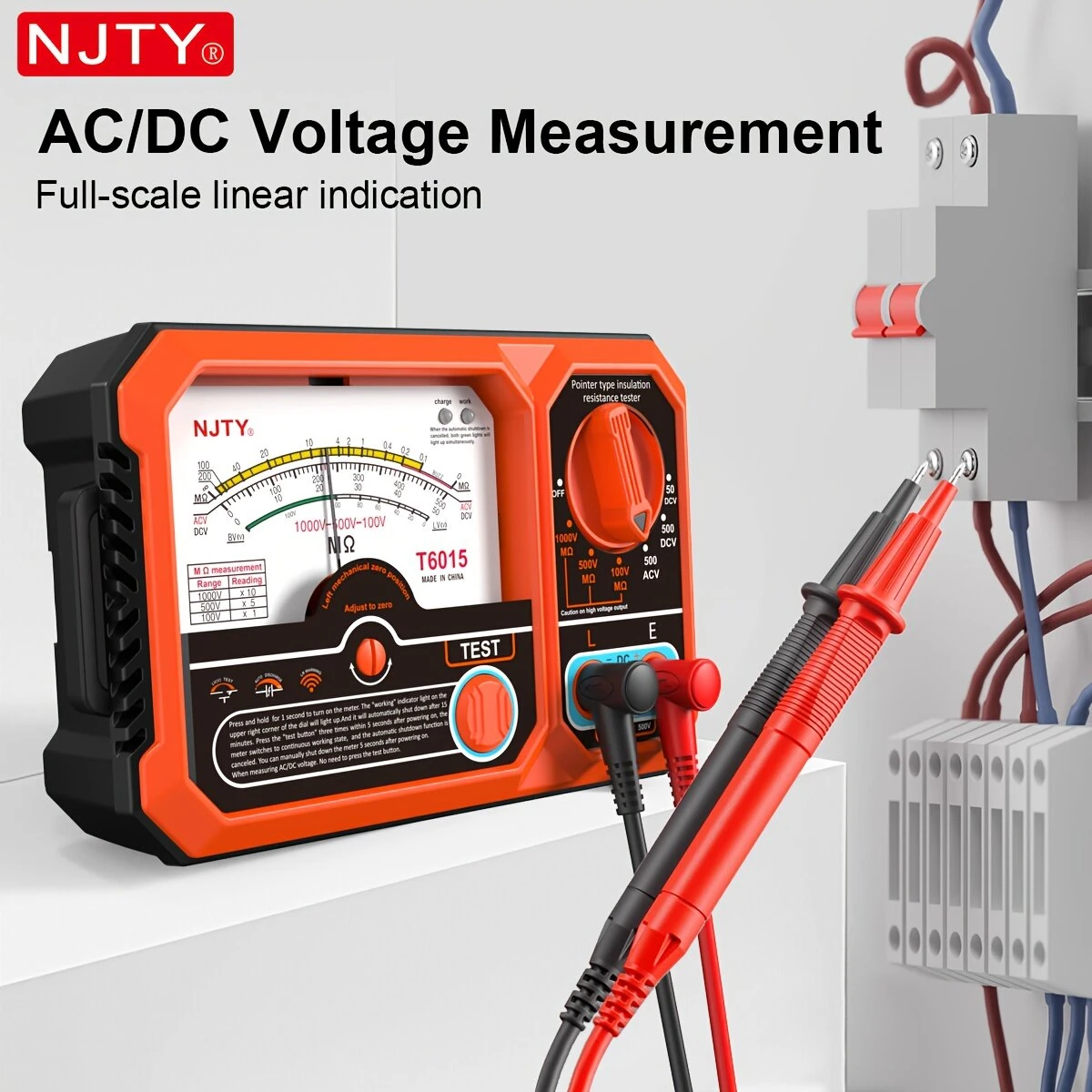 NJTY T6015 Insulation Resistance Tester - 1000V 2000MΩ Megohmmeter | Rechargeable Analog Meter with Magnetic Back - Image 3