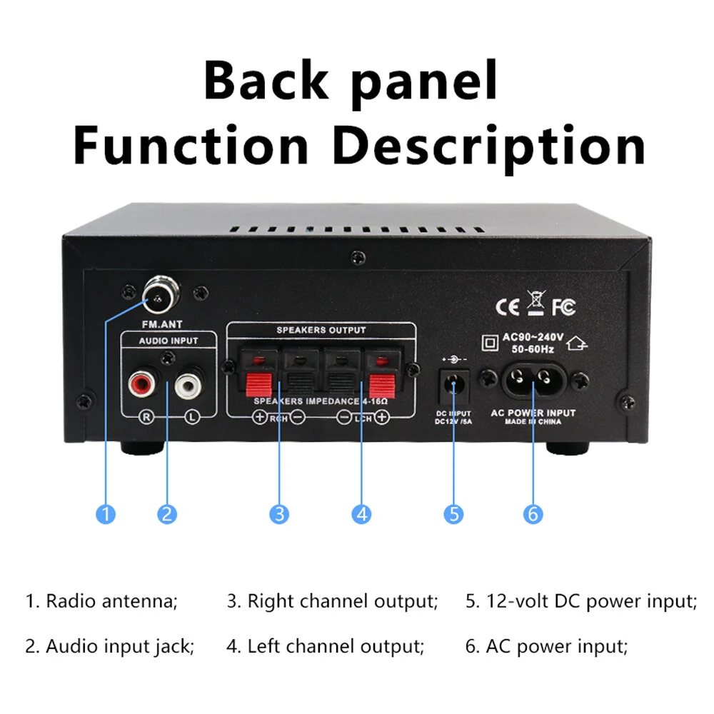 AK45 Stereo Amplifier | 2.0 Channel Bluetooth FM Radio | USB SD Card Bass Treble - Image 3