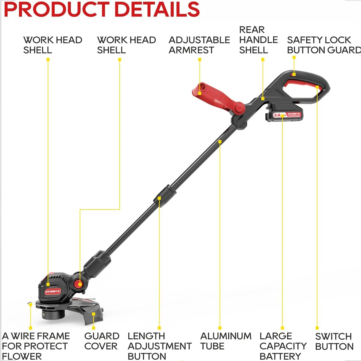 Ecomax 18V Cordless String Trimmer & Edger - 12 Weed Wacker with 2 Battery & Charger - Image 2