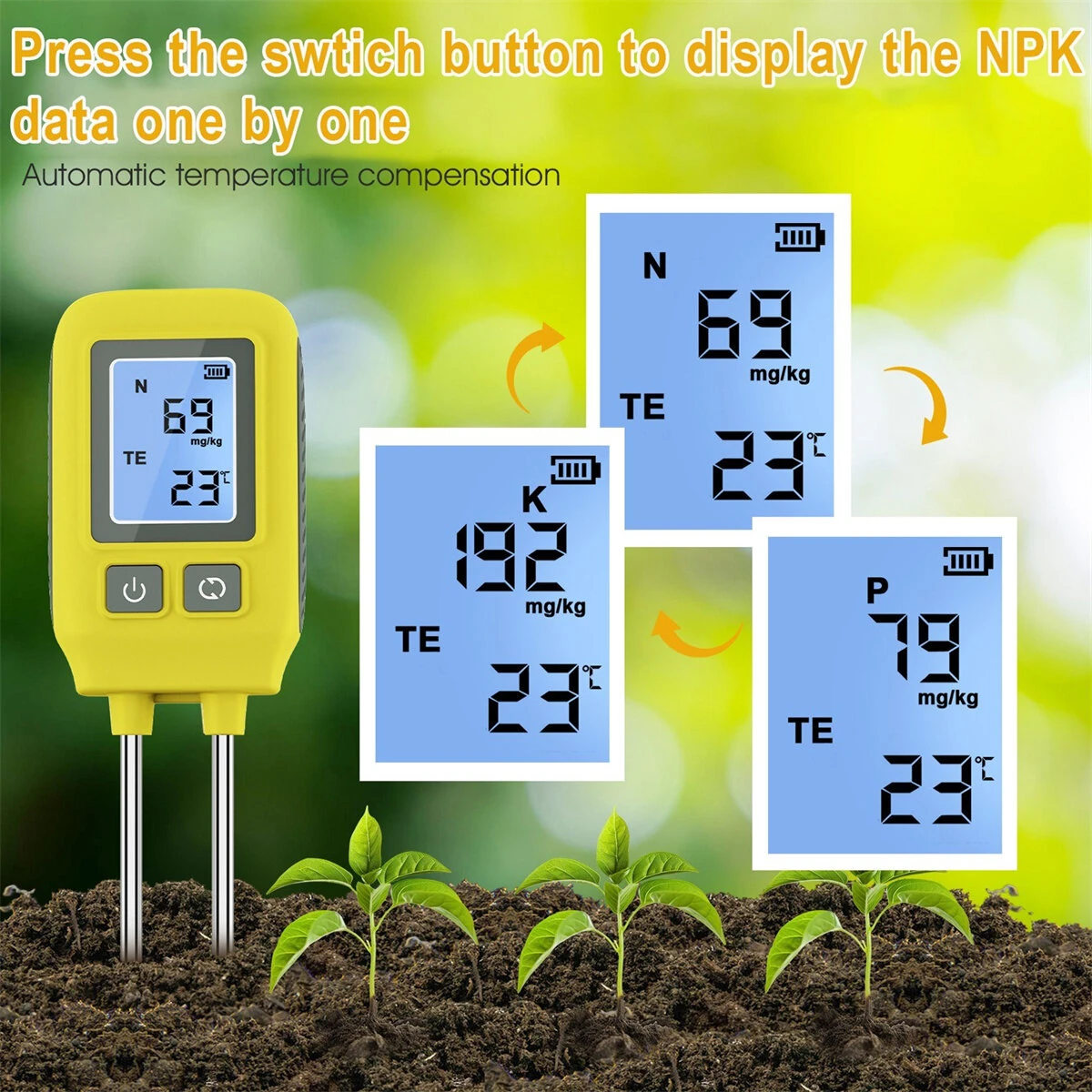 4in1 Soil Tester - NPK pH Moisture & Temperature Meter - Digital LCD with Steel Probe - Image 2