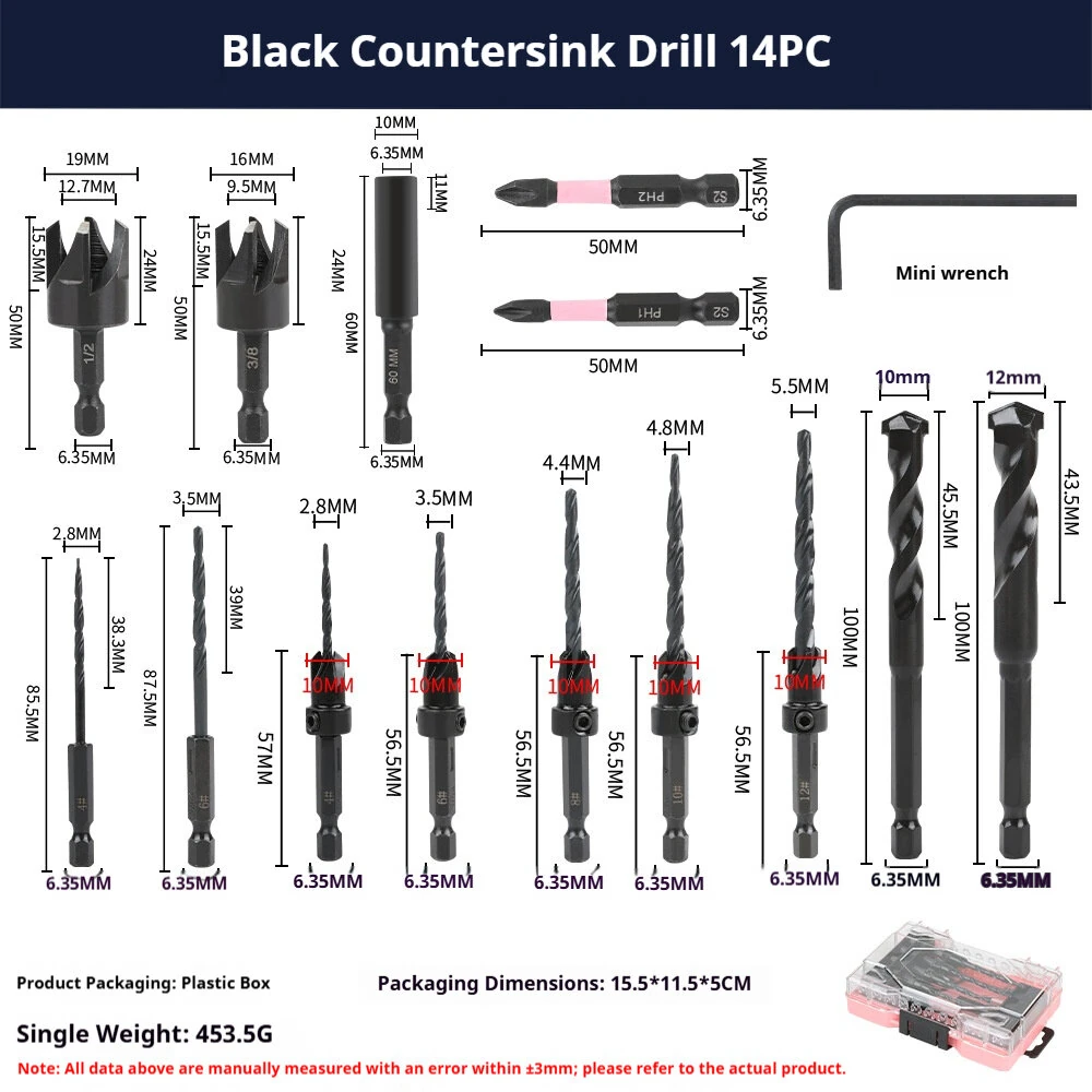 14pcs Countersink Drill Bit Set - High Hardness Steel Hex Shank for Wood PVC - Image 3
