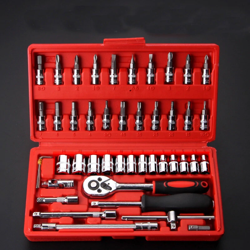 Chrome Vanadium Steel Socket Tool Set - 46-Piece Auto Repair Kit | Black/Red - Image 4