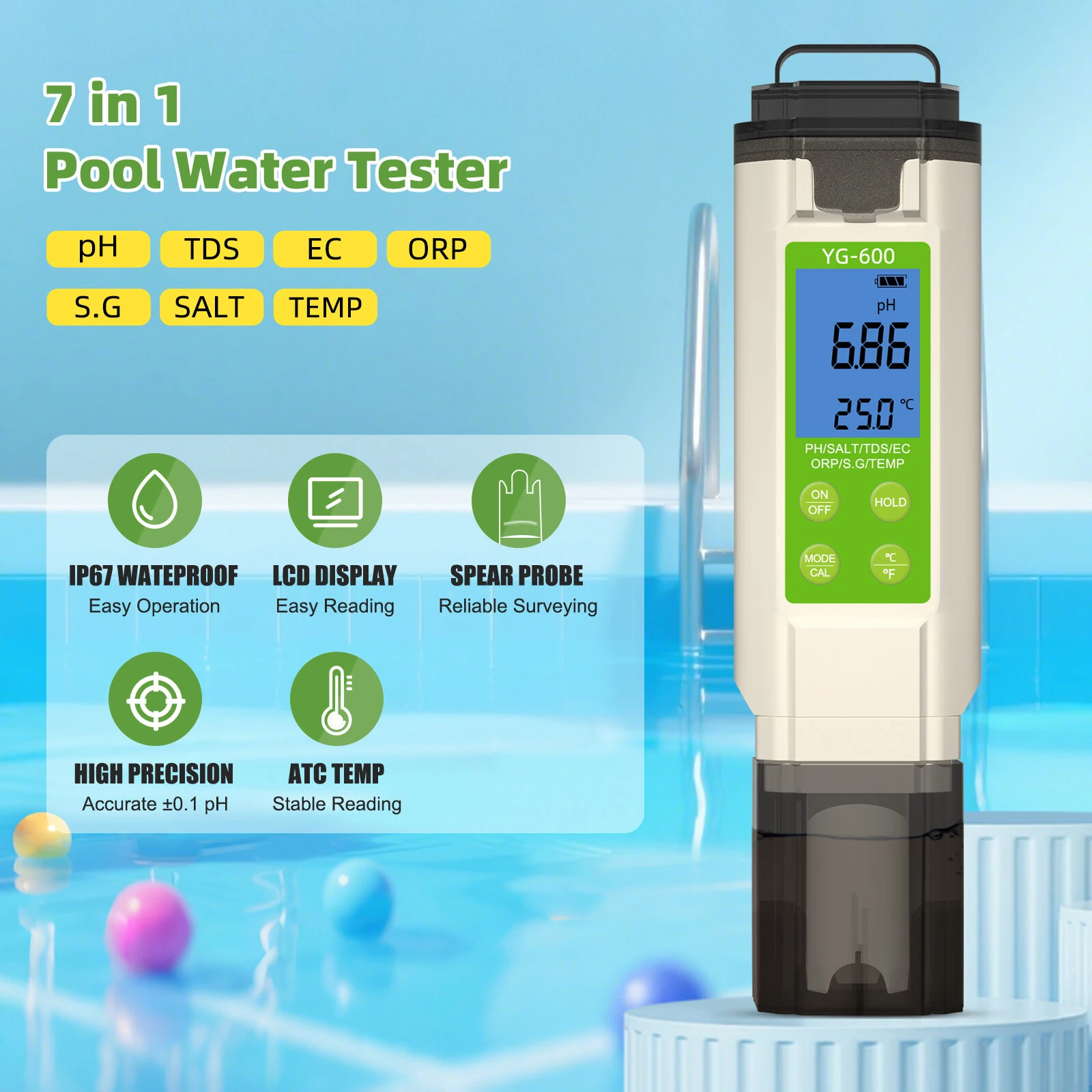 YG-600 7-in-1 Digital Water Tester | pH EC TDS ORP Temperature | for Aquarium Pool Hydroponics - Image 3