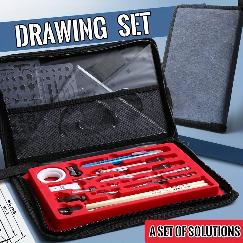 Professional 19pc Compass Drawing Kit - Aluminum Alloy CAD Design Tools | Geometric Set with Templates, Ruler & Canvas Bag - Image 2