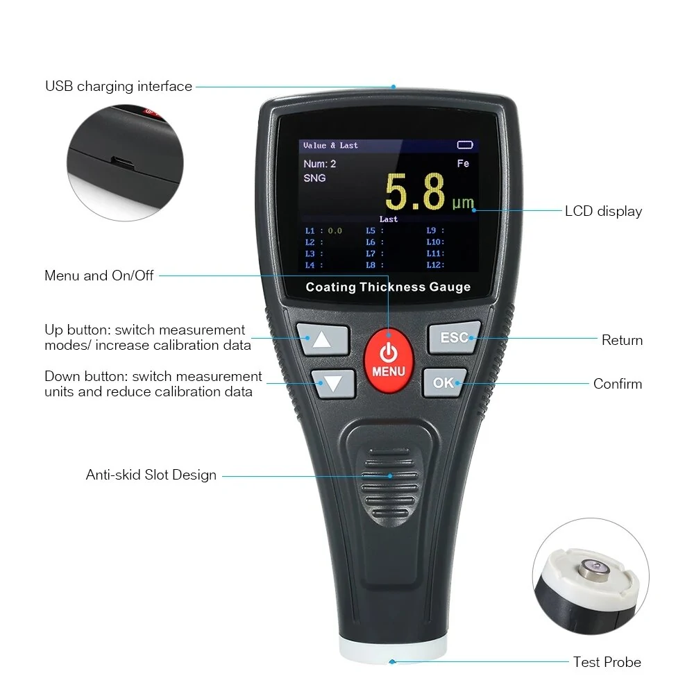 WINTACT WT2100 Digital Coating Thickness Gauge | Handheld Paint Meter with Data Logger - Image 4