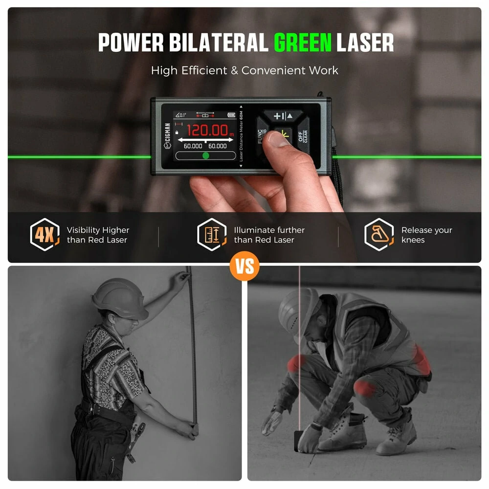 CIGMAN CD-60G Dual Green Laser Measure | 120M Range, High Accuracy, 2.4 HD Display - Image 3