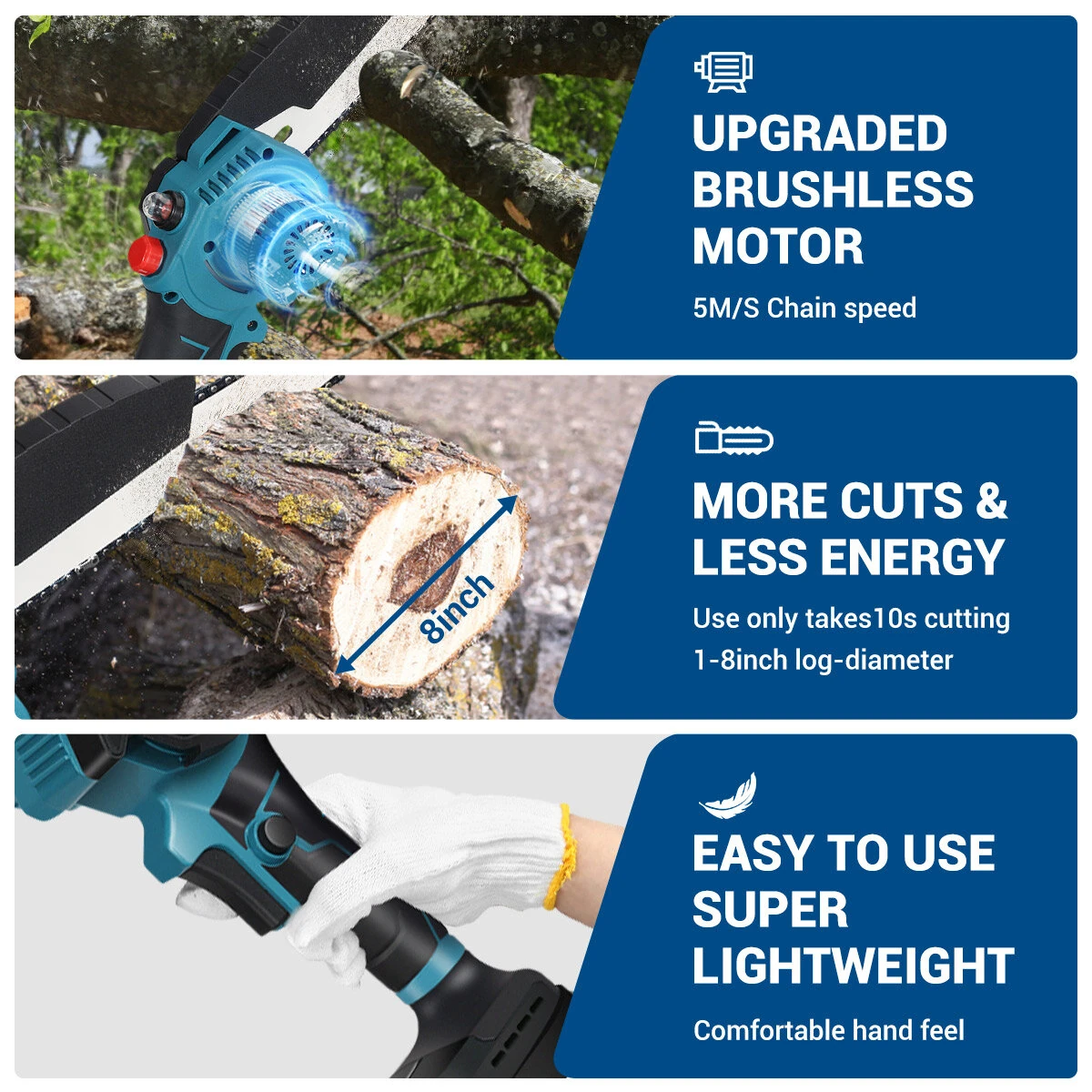 Drillpro 8 Inch Cordless Chainsaw - Brushless Motor & Auto Oiler - 18V Li-ion 7500mAh - Image 4
