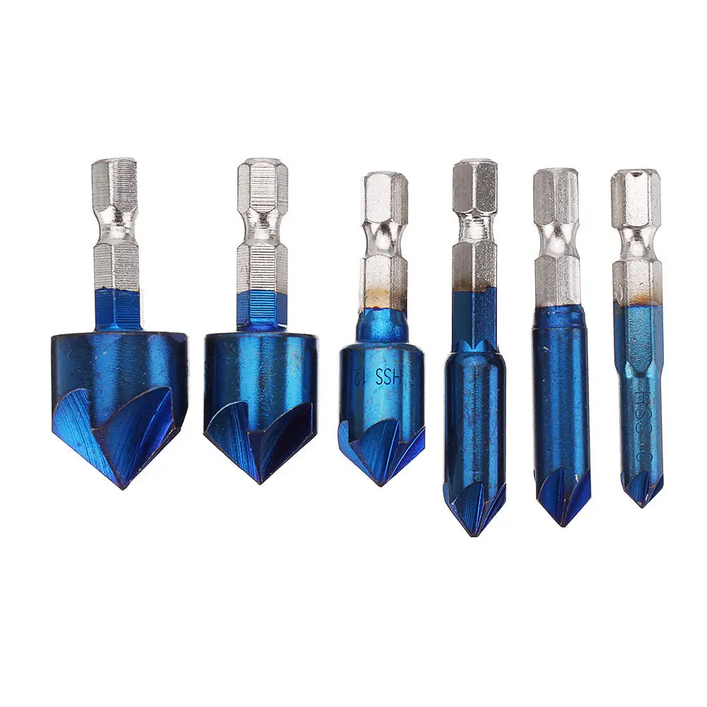 6-19mm Countersink Drill Bit Set - 6pcs 5 Flute Hex Shank | Nano Blue Coated - Image 3