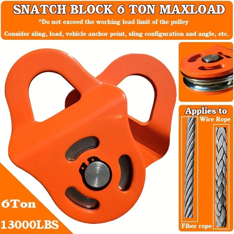 6 Ton Heavy Duty Winch Pulley Block - 13000lb Max Load for Truck ATV Tractor | Steel Cable & Synthetic Rope Compatible | Outdoor Rescue & Stump Removal - Image 4