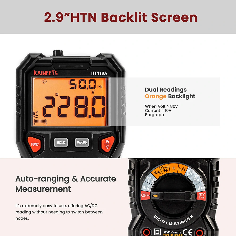 KAIWEETS HT118A Digital Multimeter TRMS 6000 Counts AC/DC - True RMS with Flashlight - Image 5
